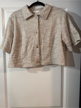 Cropped Beige Tweed Button-Up Jacket and Pants